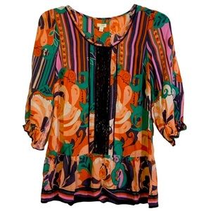 Anthropologie Odille 100% silk print peasant top orange & pink with black lace 6